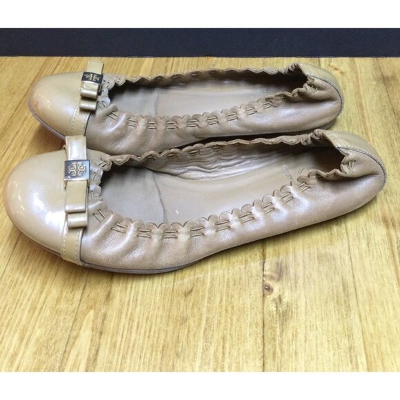 Tory Burch Tan Leather Eddie Bow Ballet Flats Women Size 6M Slip On Shoes - Picture 2 of 9
